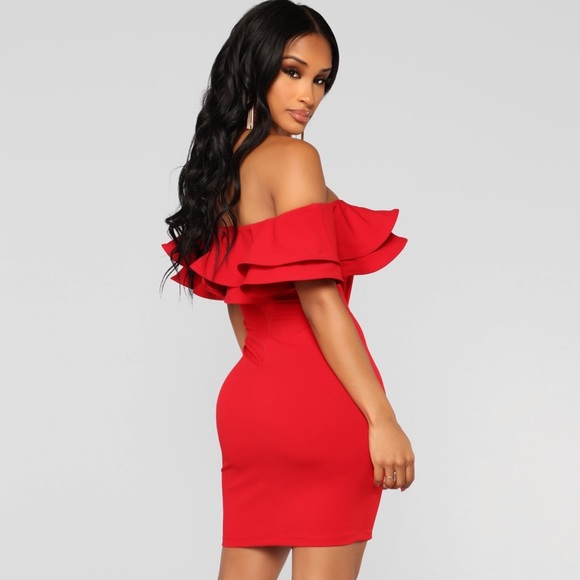 Off Shoulder Ruffle Mini Dress- Red - Picture 5 of 5